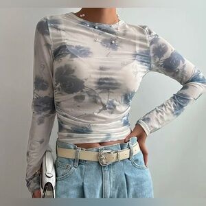 Floral Long Sleeve Top - Blue and White